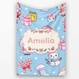 Cute Kawaii Santa Snowman Gift Characters Snow Blue Seamless  Personalised Custom Name Super Soft Fleece Blanket Bed Sofa Throw