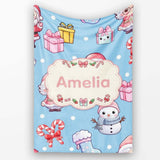Cute Kawaii Santa Snowman Gift Characters Snow Blue Seamless  Personalised Custom Name Super Soft Fleece Blanket Bed Sofa Throw