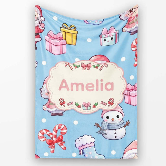 Cute Kawaii Santa Snowman Gift Characters Snow Blue Seamless  Personalised Custom Name Super Soft Fleece Blanket Bed Sofa Throw