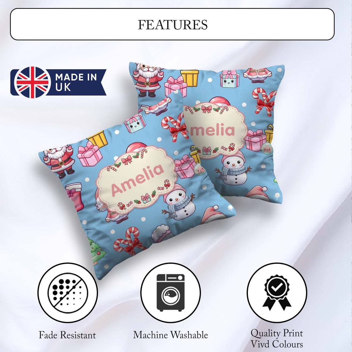 Custom Name Kawaii Santa Snowman Characters Snow Blue Seamless Square Filled Cushion Throw Pillow Sofa Bed Home Decor Zip Washable UK Made
