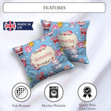 Custom Name Kawaii Santa Snowman Characters Snow Blue Seamless Square Filled Cushion Throw Pillow Sofa Bed Home Decor Zip Washable UK Made