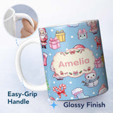 Personalized Custom Name Cute Kawaii Santa Snowman Gift Characters Snow Blue Seamless 11oz Ceramic Coffee Tea Mug White Large Handle
