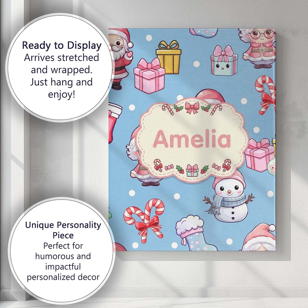 Personalised Name Cute Kawaii Santa Snowman Custom  Bespoke Interior Contemporary Canvas Wall Art Print Decor Picture Ready to Hang