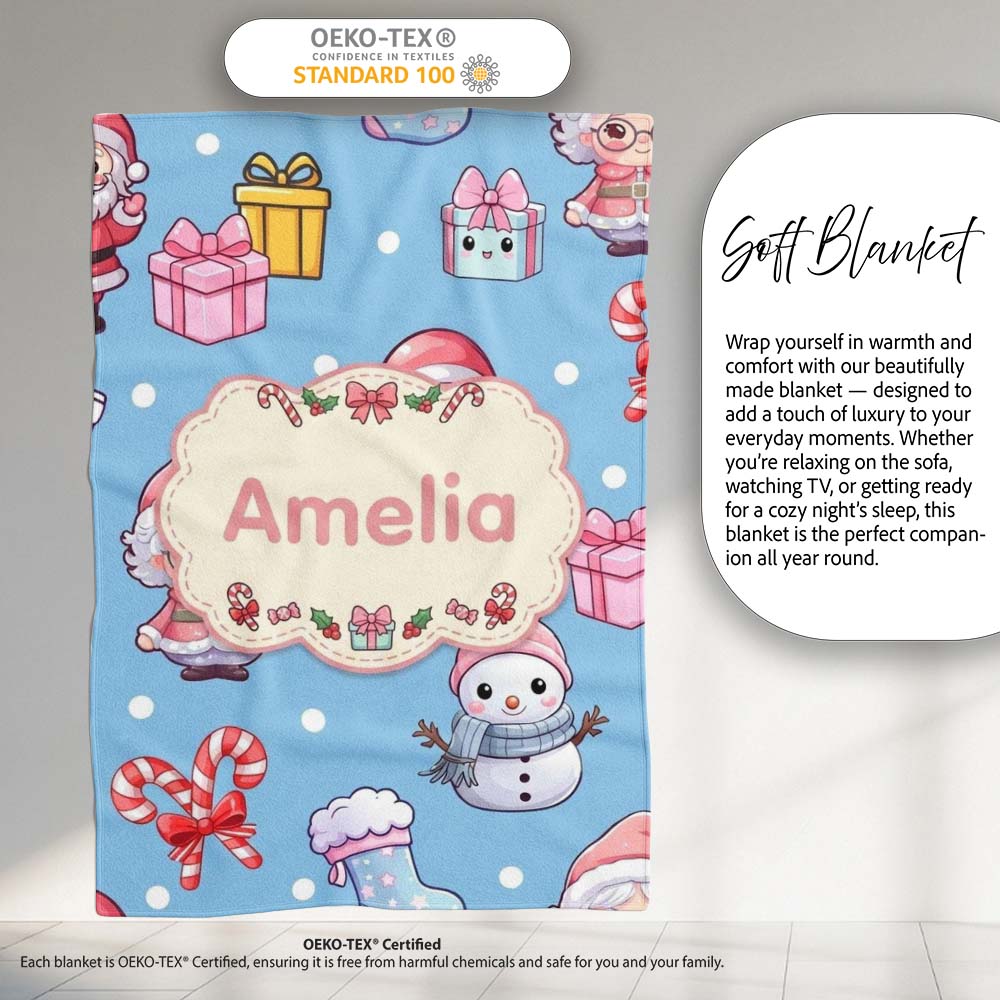 Cute Kawaii Santa Snowman Gift Characters Snow Blue Seamless  Personalised Custom Name Super Soft Fleece Blanket Bed Sofa Throw