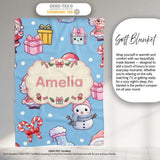 Cute Kawaii Santa Snowman Gift Characters Snow Blue Seamless  Personalised Custom Name Super Soft Fleece Blanket Bed Sofa Throw