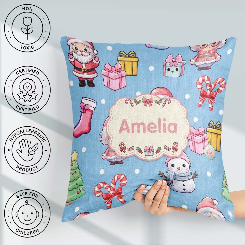 Custom Name Kawaii Santa Snowman Characters Snow Blue Seamless Square Filled Cushion Throw Pillow Sofa Bed Home Decor Zip Washable UK Made