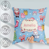 Custom Name Kawaii Santa Snowman Characters Snow Blue Seamless Square Filled Cushion Throw Pillow Sofa Bed Home Decor Zip Washable UK Made