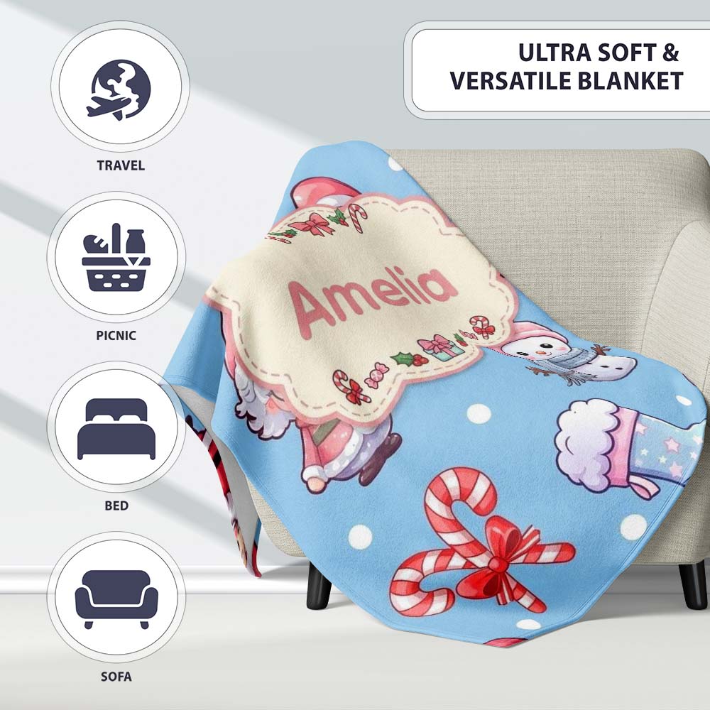 Cute Kawaii Santa Snowman Gift Characters Snow Blue Seamless  Personalised Custom Name Super Soft Fleece Blanket Bed Sofa Throw