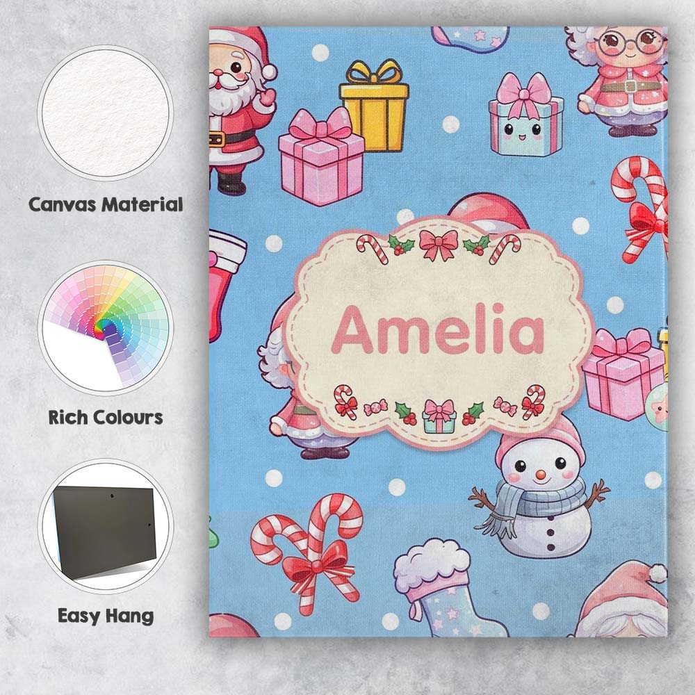 Personalised Name Cute Kawaii Santa Snowman Custom  Bespoke Interior Contemporary Canvas Wall Art Print Decor Picture Ready to Hang