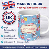 Personalized Custom Name Cute Kawaii Santa Snowman Gift Characters Snow Blue Seamless 11oz Ceramic Coffee Tea Mug White Large Handle