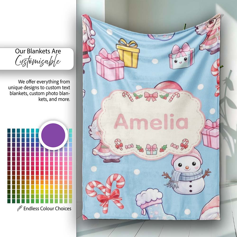 Cute Kawaii Santa Snowman Gift Characters Snow Blue Seamless  Personalised Custom Name Super Soft Fleece Blanket Bed Sofa Throw