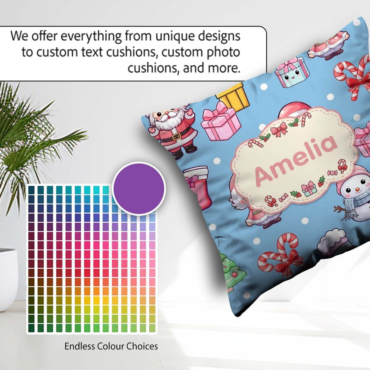 Custom Name Kawaii Santa Snowman Characters Snow Blue Seamless Square Filled Cushion Throw Pillow Sofa Bed Home Decor Zip Washable UK Made