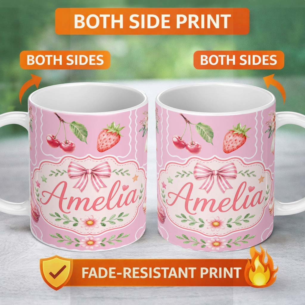 Personalized Custom Name Cute Strawberry Cherry Ribbon Bow Sweet Dessert Pattern Warm 11oz Ceramic Coffee Tea Mug White Large Handle