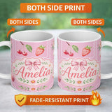 Personalized Custom Name Cute Strawberry Cherry Ribbon Bow Sweet Dessert Pattern Warm 11oz Ceramic Coffee Tea Mug White Large Handle