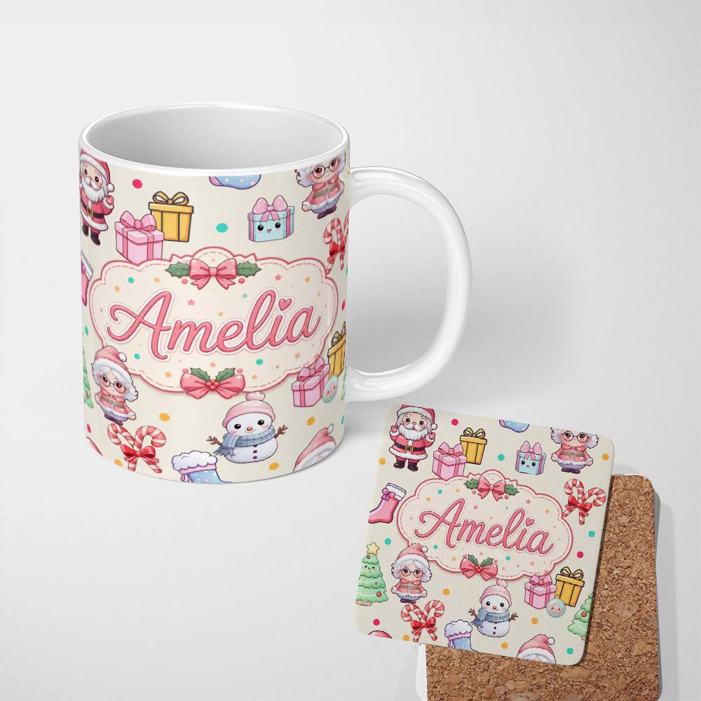 Personalized Custom Name Cute Kawaii Santa Snowman Gift Characters Cream Background Seamless 11oz Ceramic Coffee Tea Mug White Large Handle