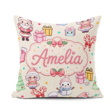 Custom Name Cute Kawaii Santa Snowman Characters Cream Seamless Square Filled Cushion Throw Pillow Sofa Bed Home Decor Zip Washable UK Made
