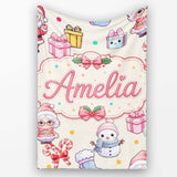 Cute Kawaii Santa Snowman Gift Characters Cream Background Seamless  Personalised Custom Name Super Soft Fleece Blanket Bed Sofa Throw