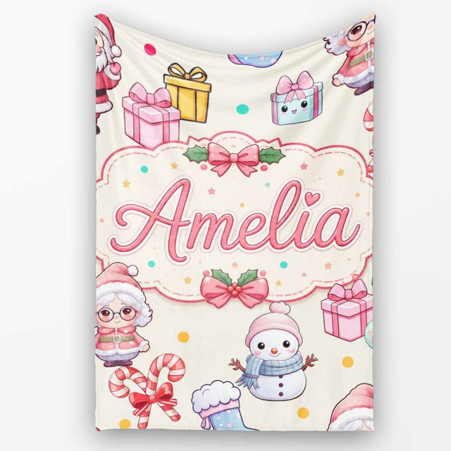 Cute Kawaii Santa Snowman Gift Characters Cream Background Seamless  Personalised Custom Name Super Soft Fleece Blanket Bed Sofa Throw