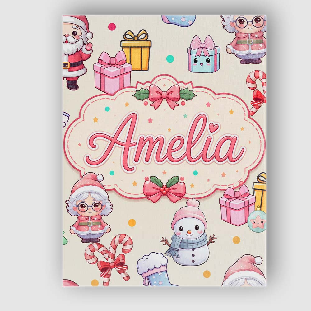Personalised Name Cute Kawaii Santa Snowman Custom  Bespoke Interior Contemporary Canvas Wall Art Print Decor Picture Ready to Hang
