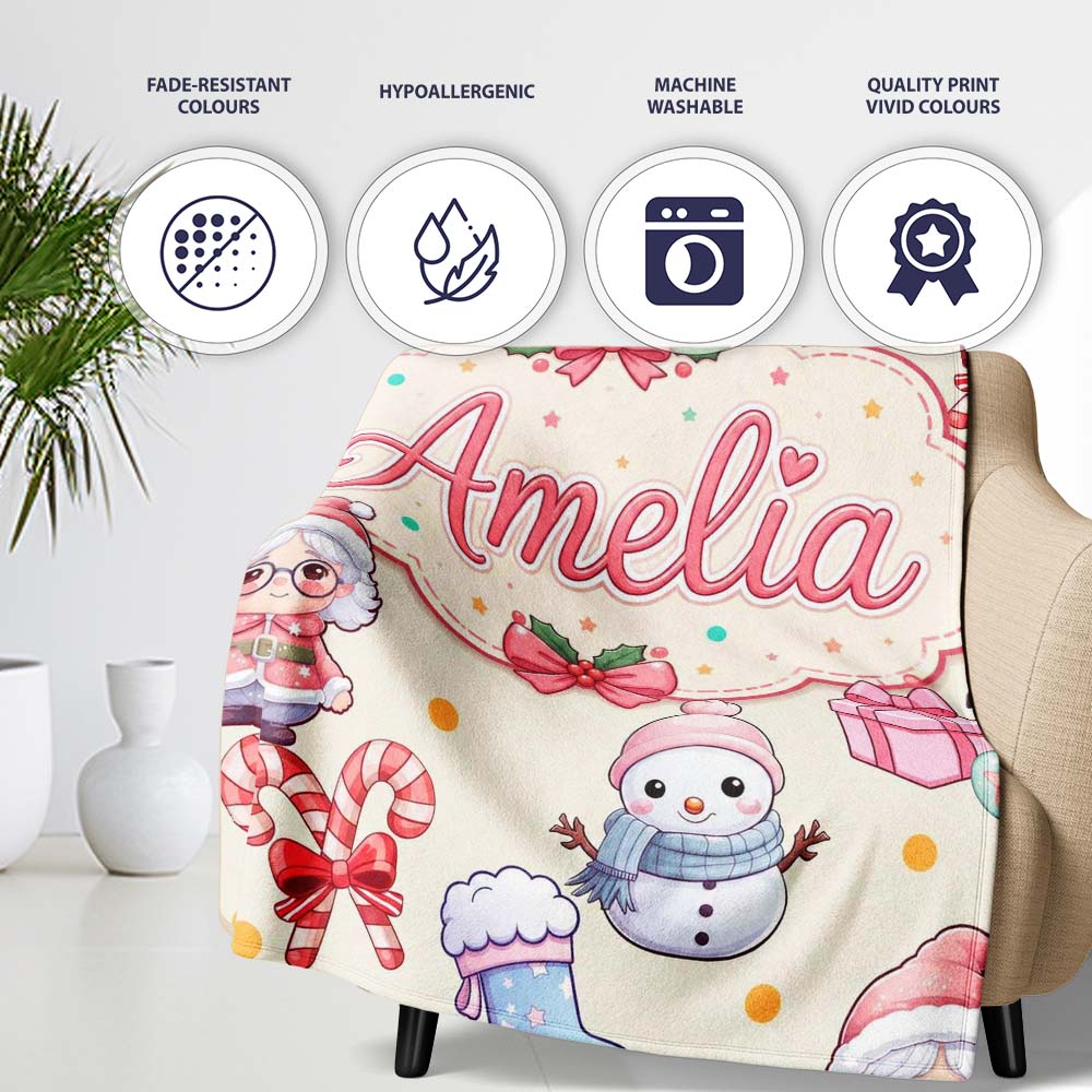 Cute Kawaii Santa Snowman Gift Characters Cream Background Seamless  Personalised Custom Name Super Soft Fleece Blanket Bed Sofa Throw