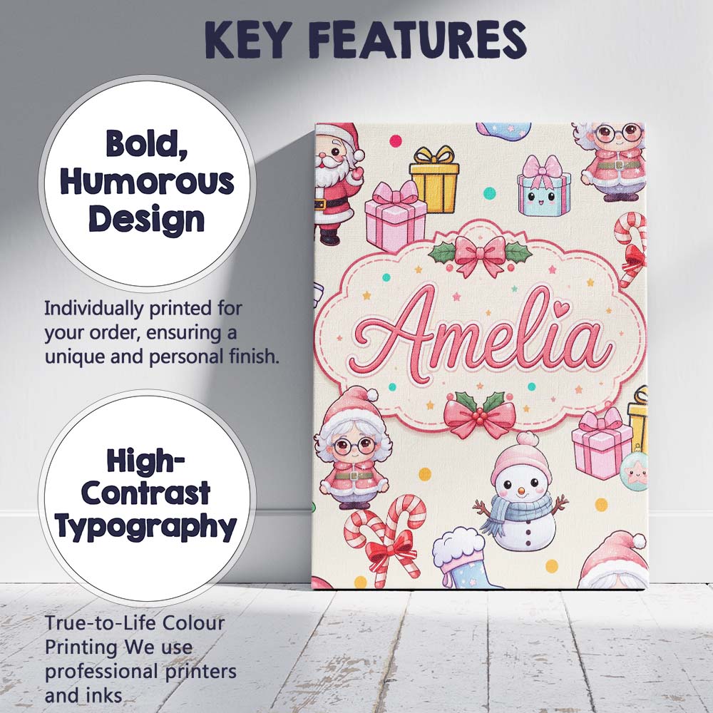 Personalised Name Cute Kawaii Santa Snowman Custom  Bespoke Interior Contemporary Canvas Wall Art Print Decor Picture Ready to Hang