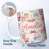 Personalized Custom Name Cute Kawaii Santa Snowman Gift Characters Cream Background Seamless 11oz Ceramic Coffee Tea Mug White Large Handle