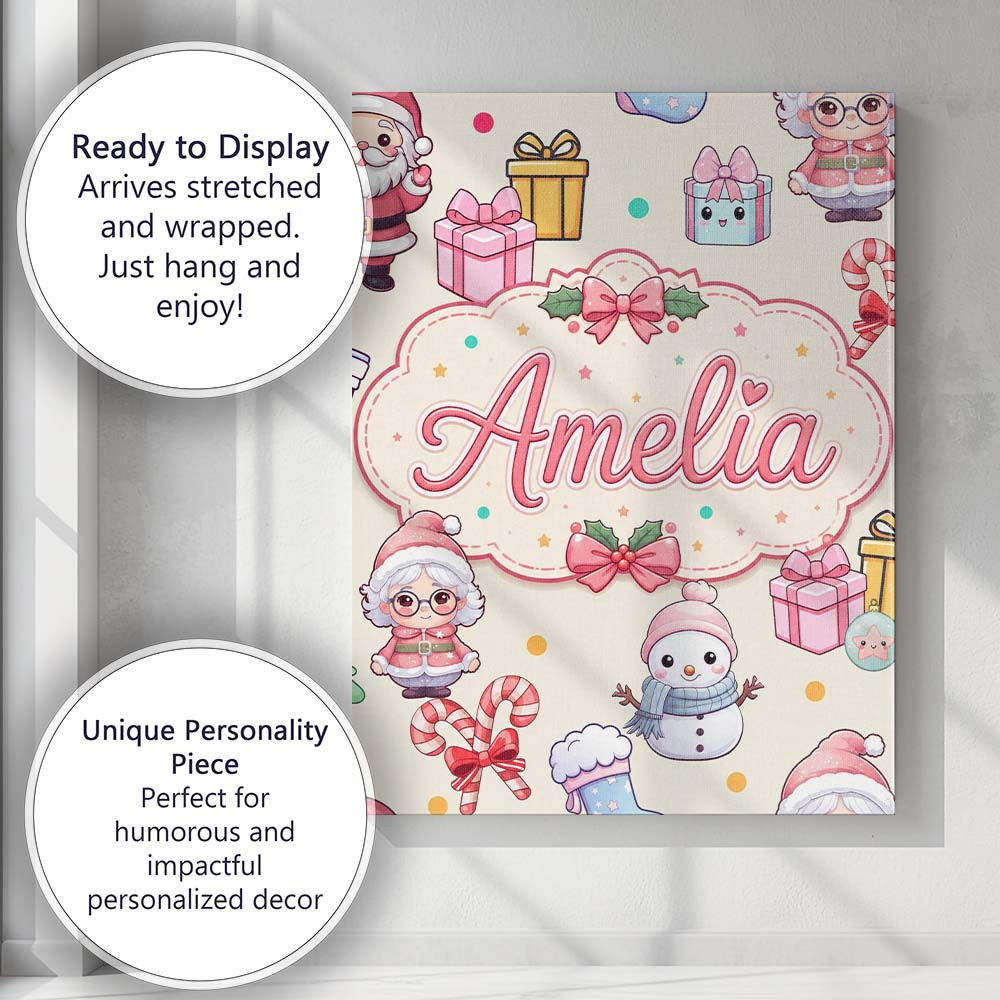 Personalised Name Cute Kawaii Santa Snowman Custom  Bespoke Interior Contemporary Canvas Wall Art Print Decor Picture Ready to Hang