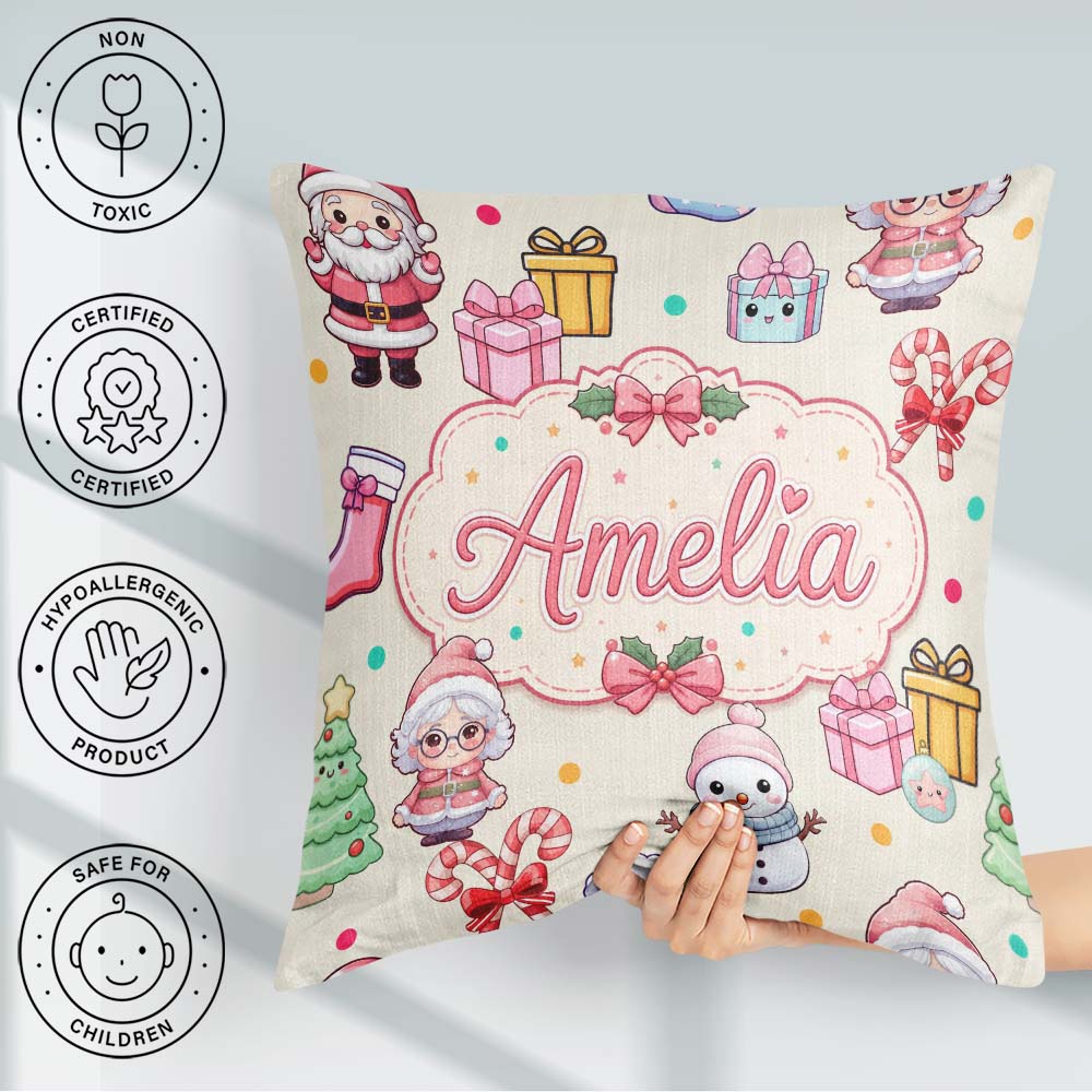 Custom Name Cute Kawaii Santa Snowman Characters Cream Seamless Square Filled Cushion Throw Pillow Sofa Bed Home Decor Zip Washable UK Made