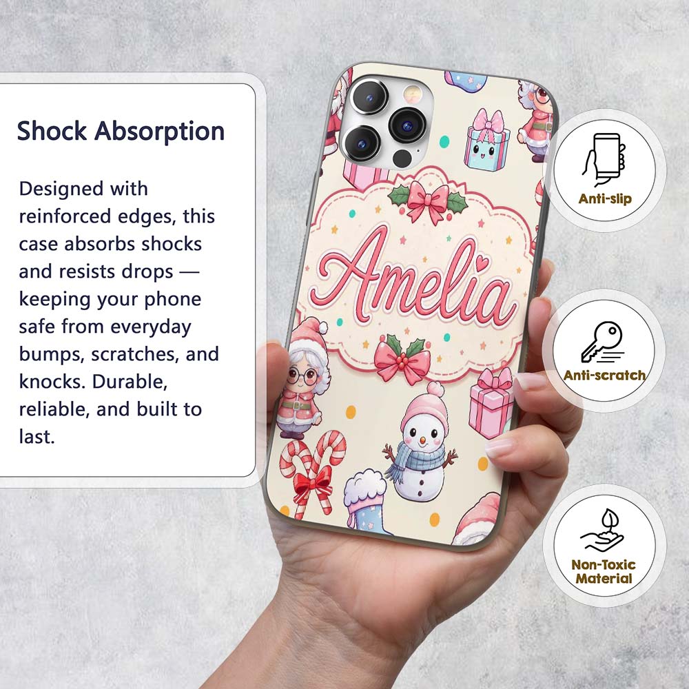 Cute Kawaii Santa Snowman Gift Characters Cream Custom Name Protective Phone Case Mobile Cover Durable Everyday Smartphone Shock Resistant