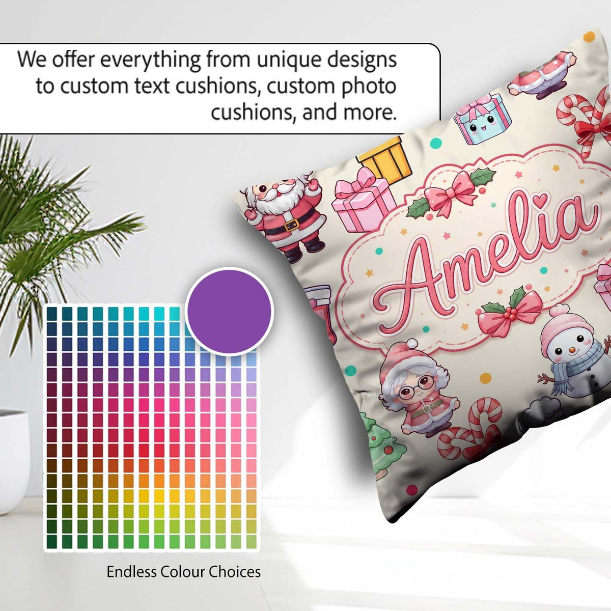 Custom Name Cute Kawaii Santa Snowman Characters Cream Seamless Square Filled Cushion Throw Pillow Sofa Bed Home Decor Zip Washable UK Made