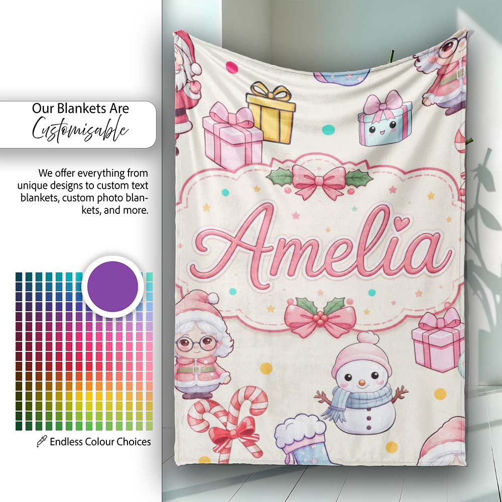 Cute Kawaii Santa Snowman Gift Characters Cream Background Seamless  Personalised Custom Name Super Soft Fleece Blanket Bed Sofa Throw