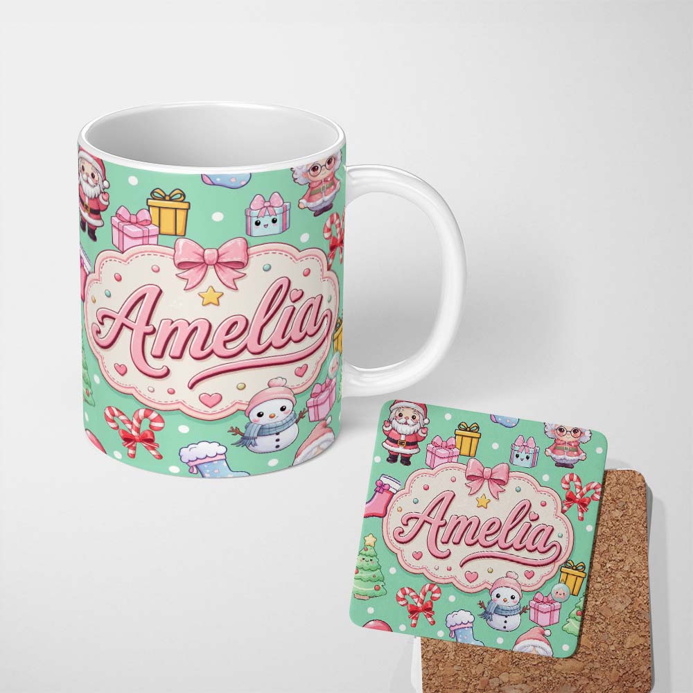 Personalized Custom Name Cute Kawaii Santa Snowman Gift Characters Mint Green Background 11oz Ceramic Coffee Tea Mug White Large Handle