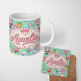 Personalized Custom Name Cute Kawaii Santa Snowman Gift Characters Mint Green Background 11oz Ceramic Coffee Tea Mug White Large Handle