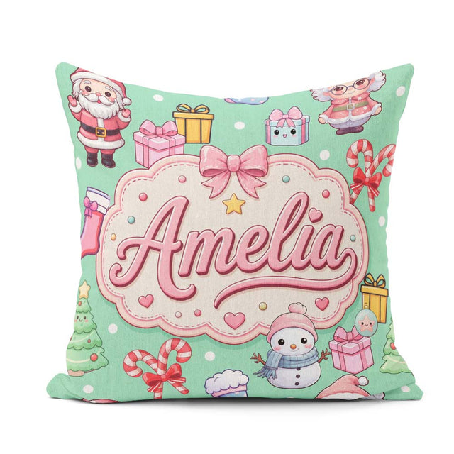 Custom Name Cute Kawaii Santa Snowman Gift Characters Mint Green Square Filled Cushion Throw Pillow Sofa Bed Home Decor Zip Washable UK Made