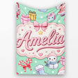 Cute Kawaii Santa Snowman Gift Characters Mint Green Background  Personalised Custom Name Super Soft Fleece Blanket Bed Sofa Throw