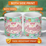 Personalized Custom Name Cute Kawaii Santa Snowman Gift Characters Mint Green Background 11oz Ceramic Coffee Tea Mug White Large Handle