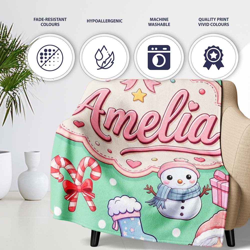 Cute Kawaii Santa Snowman Gift Characters Mint Green Background  Personalised Custom Name Super Soft Fleece Blanket Bed Sofa Throw