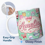 Personalized Custom Name Cute Kawaii Santa Snowman Gift Characters Mint Green Background 11oz Ceramic Coffee Tea Mug White Large Handle