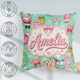 Custom Name Cute Kawaii Santa Snowman Gift Characters Mint Green Square Filled Cushion Throw Pillow Sofa Bed Home Decor Zip Washable UK Made