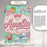 Cute Kawaii Santa Snowman Gift Characters Mint Green Background  Personalised Custom Name Super Soft Fleece Blanket Bed Sofa Throw