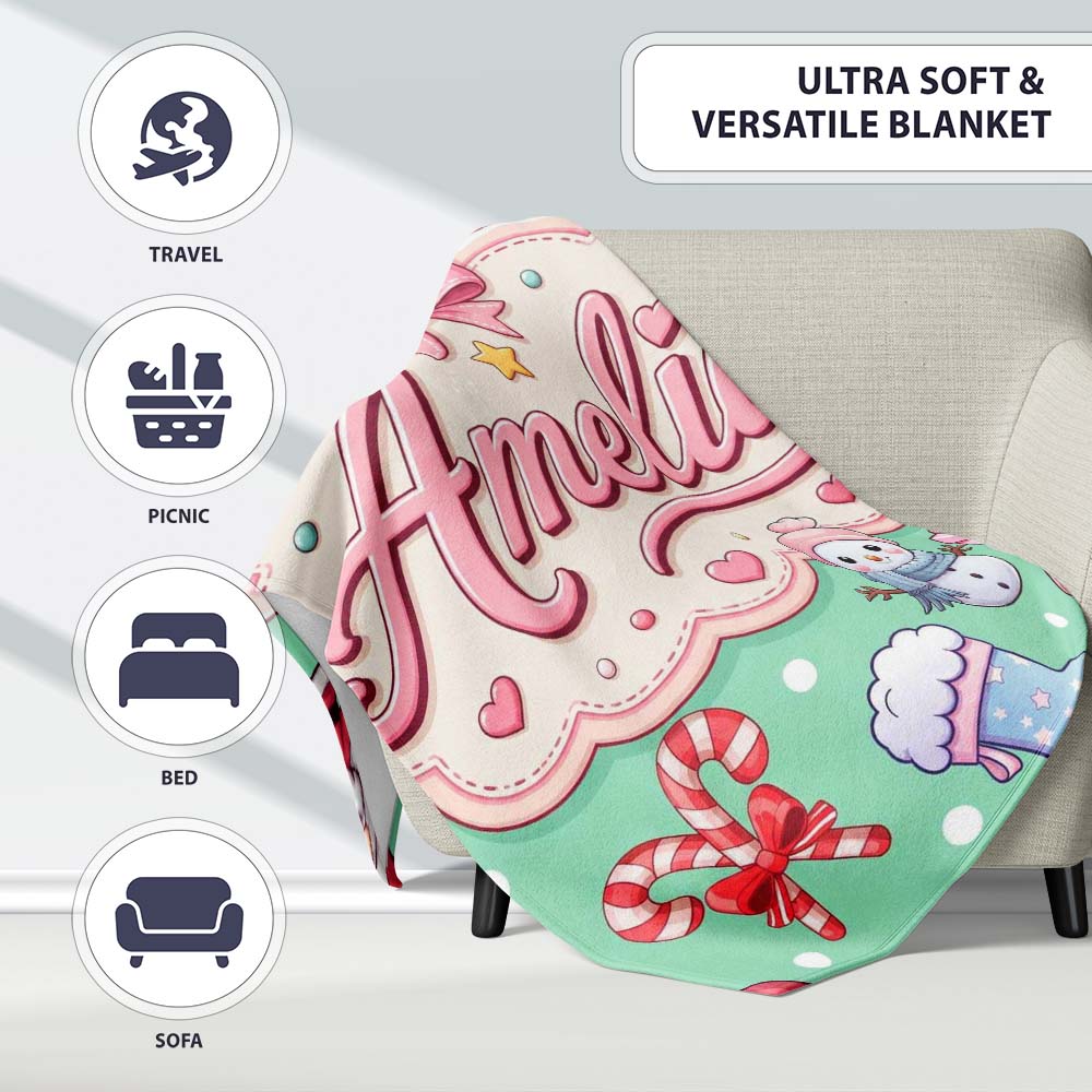Cute Kawaii Santa Snowman Gift Characters Mint Green Background  Personalised Custom Name Super Soft Fleece Blanket Bed Sofa Throw