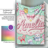 Cute Kawaii Santa Snowman Gift Characters Mint Green Background  Personalised Custom Name Super Soft Fleece Blanket Bed Sofa Throw