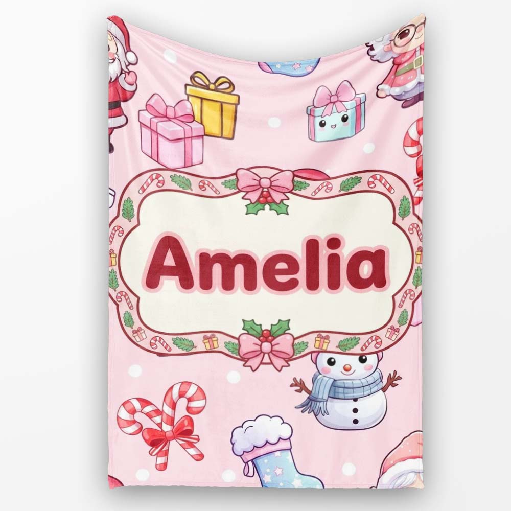Cute Kawaii Santa Snowman Gift Characters Soft Pink Background  Personalised Custom Name Super Soft Fleece Blanket Bed Sofa Throw