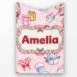 Cute Kawaii Santa Snowman Gift Characters Soft Pink Background  Personalised Custom Name Super Soft Fleece Blanket Bed Sofa Throw