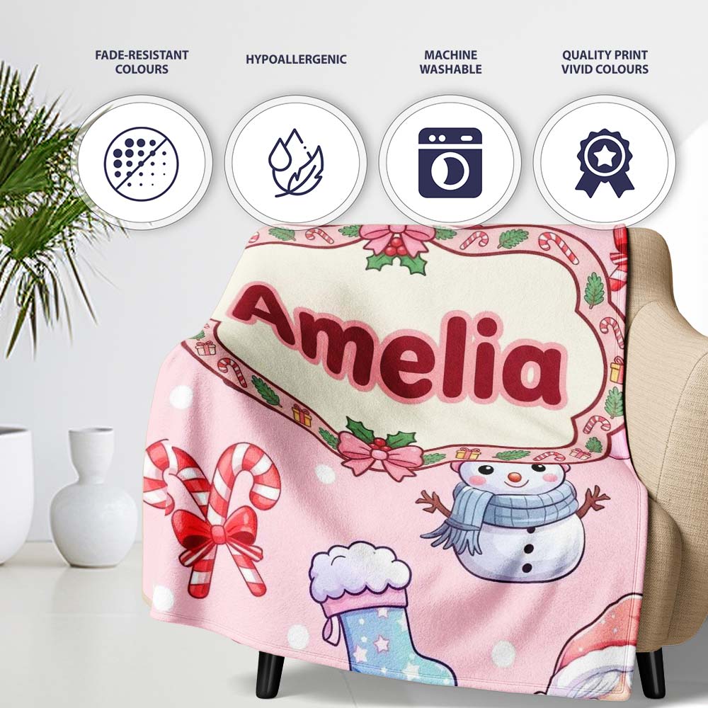 Cute Kawaii Santa Snowman Gift Characters Soft Pink Background  Personalised Custom Name Super Soft Fleece Blanket Bed Sofa Throw