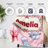 Cute Kawaii Santa Snowman Gift Characters Soft Pink Background  Personalised Custom Name Super Soft Fleece Blanket Bed Sofa Throw