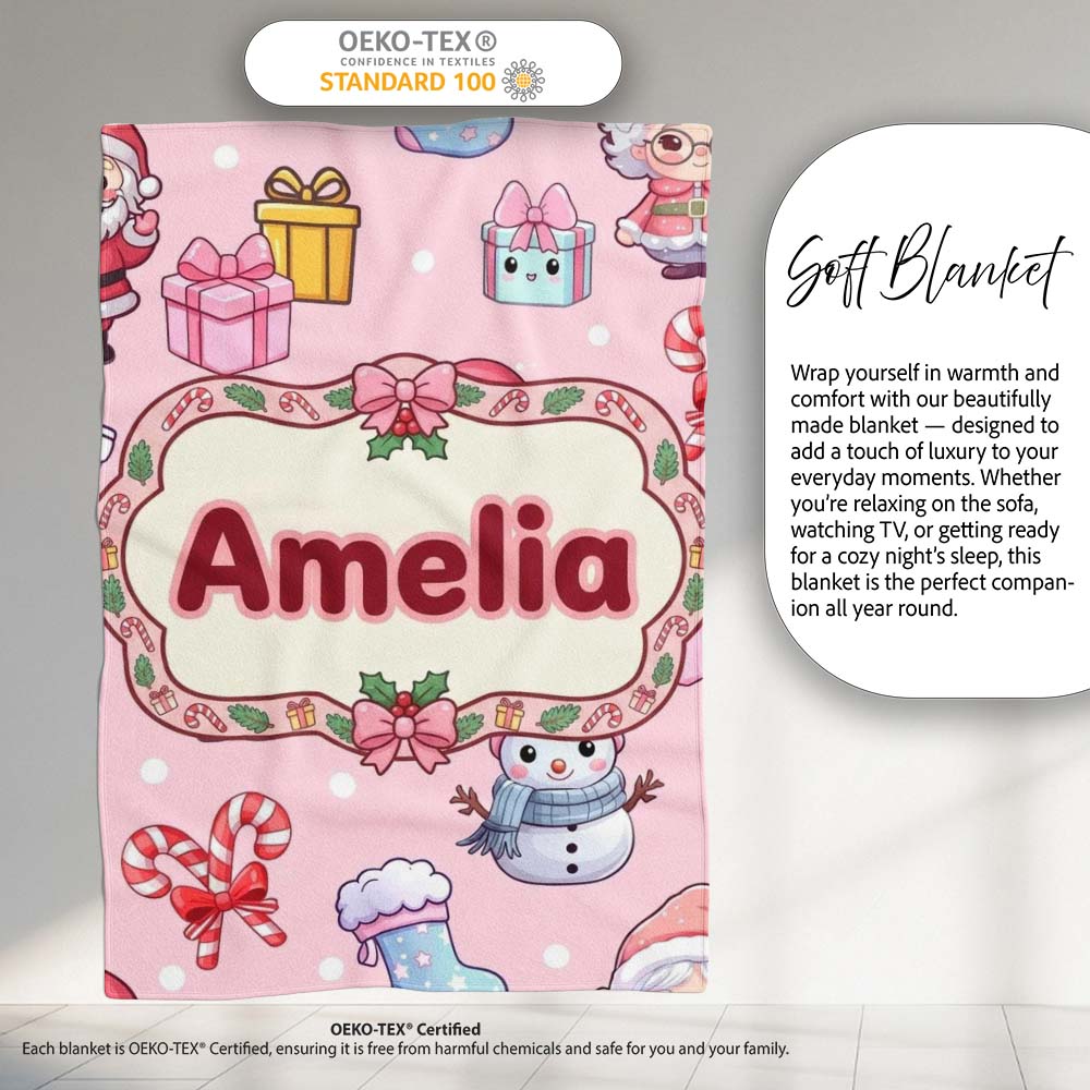 Cute Kawaii Santa Snowman Gift Characters Soft Pink Background  Personalised Custom Name Super Soft Fleece Blanket Bed Sofa Throw