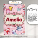Cute Kawaii Santa Snowman Gift Characters Soft Pink Background  Personalised Custom Name Super Soft Fleece Blanket Bed Sofa Throw
