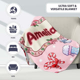 Cute Kawaii Santa Snowman Gift Characters Soft Pink Background  Personalised Custom Name Super Soft Fleece Blanket Bed Sofa Throw