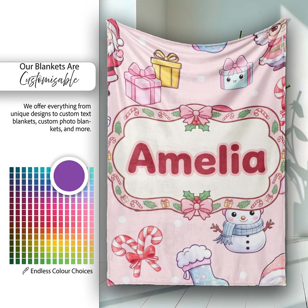 Cute Kawaii Santa Snowman Gift Characters Soft Pink Background  Personalised Custom Name Super Soft Fleece Blanket Bed Sofa Throw